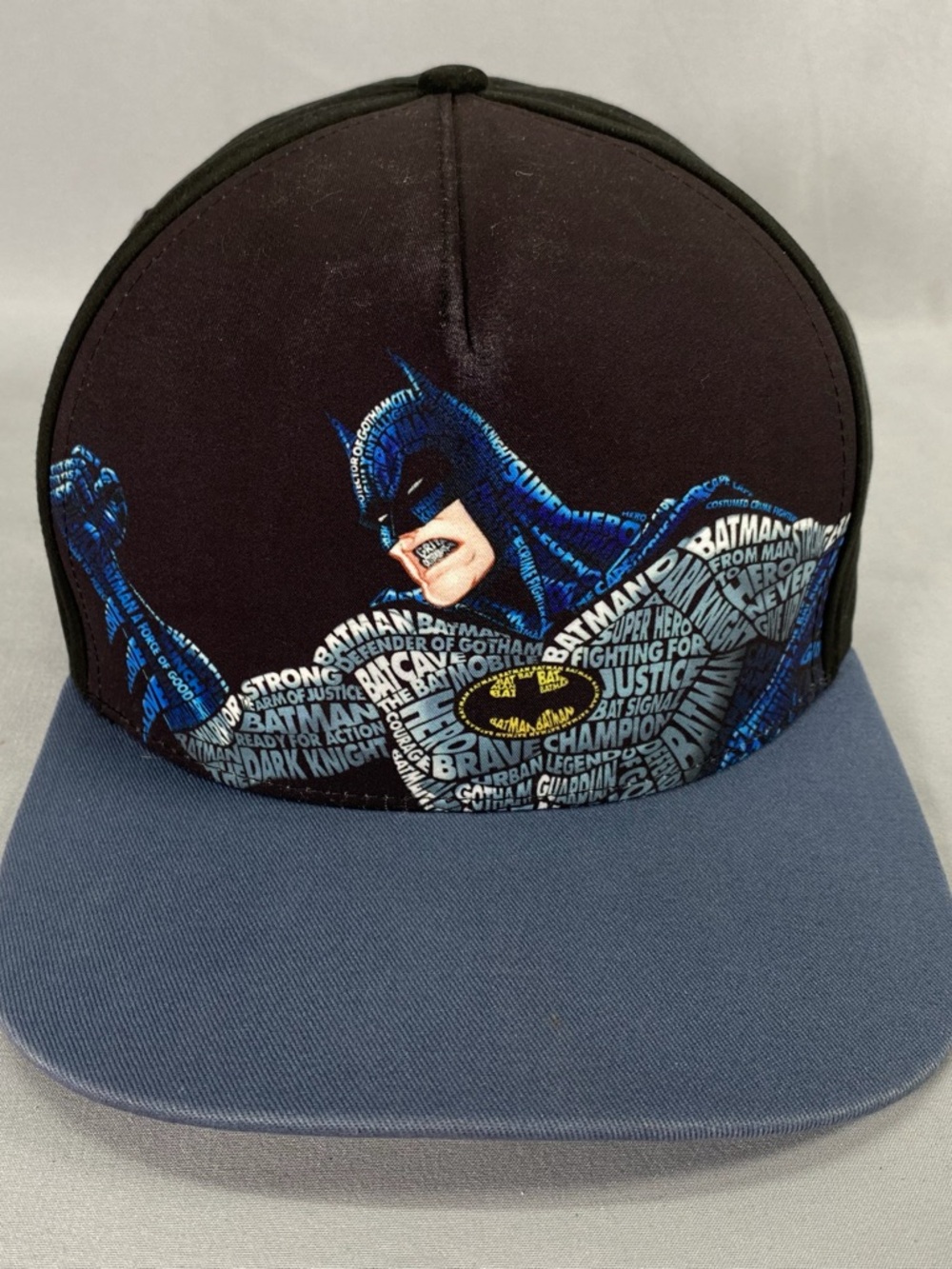 Batman Six Flags Snapback Hat DC Comics Word Art Cap Black Gray Adult OSFM